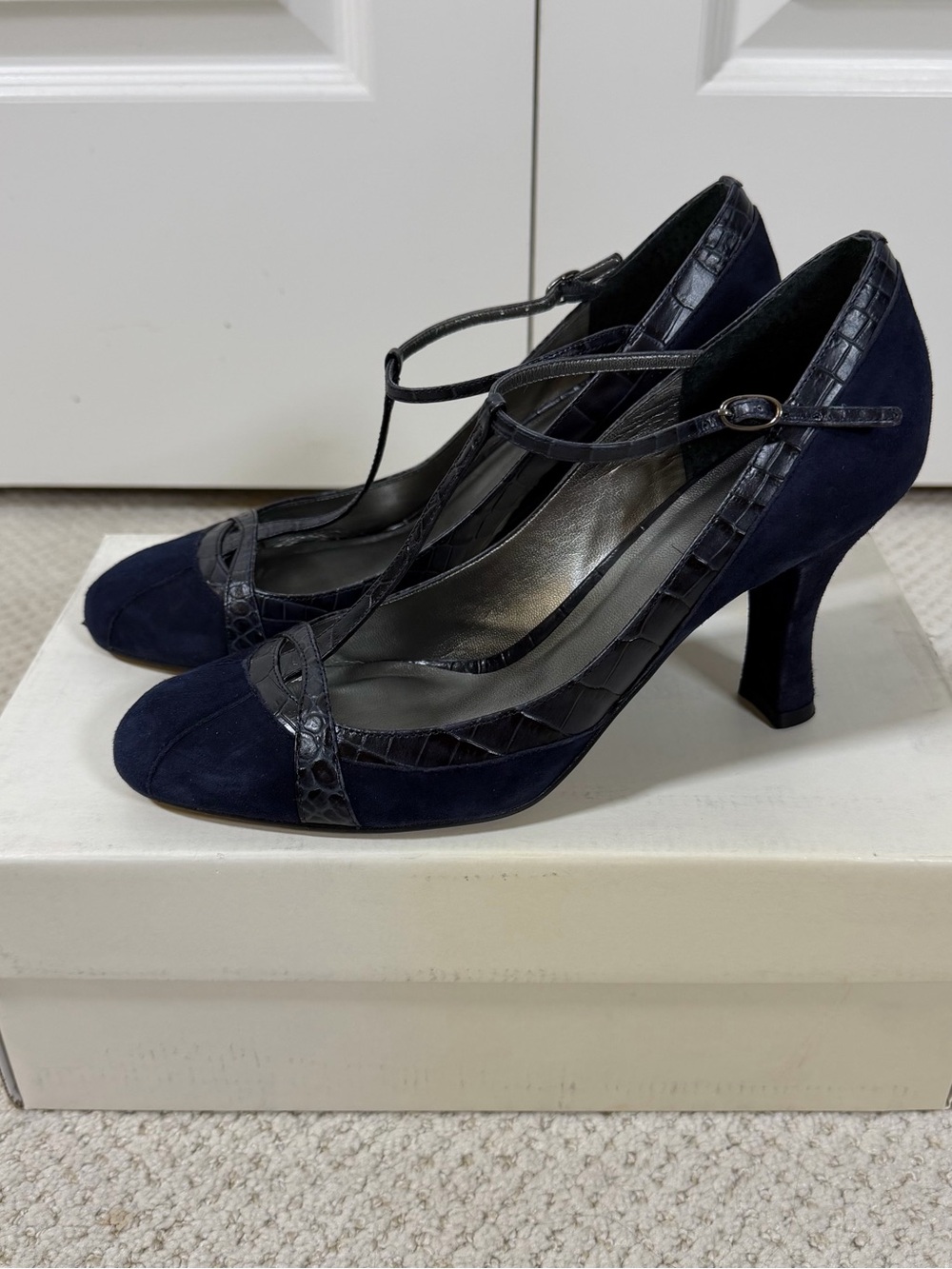 LOFT Navy Suede T-Strap Heels with Alligator Leather Trim